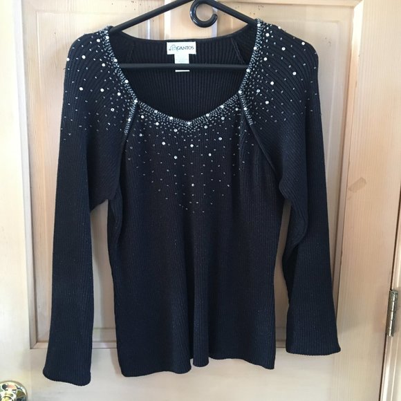 Black Beaded V-Neck Long Sleeve Sweater from Gantos - Size Large - Picture 1 of 4